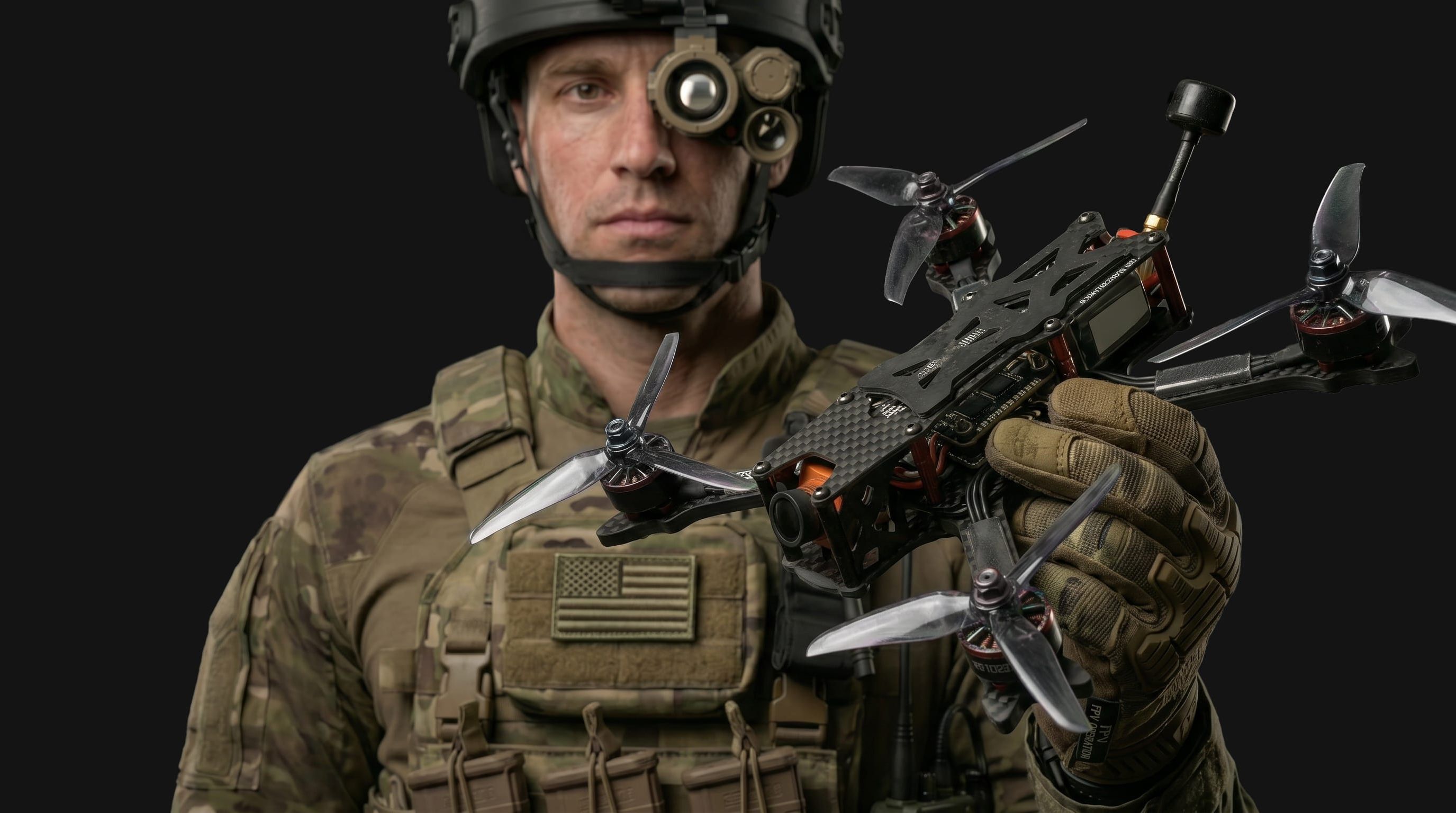 Operator with FPV drone controller and gloved hand, AAD hero imagery