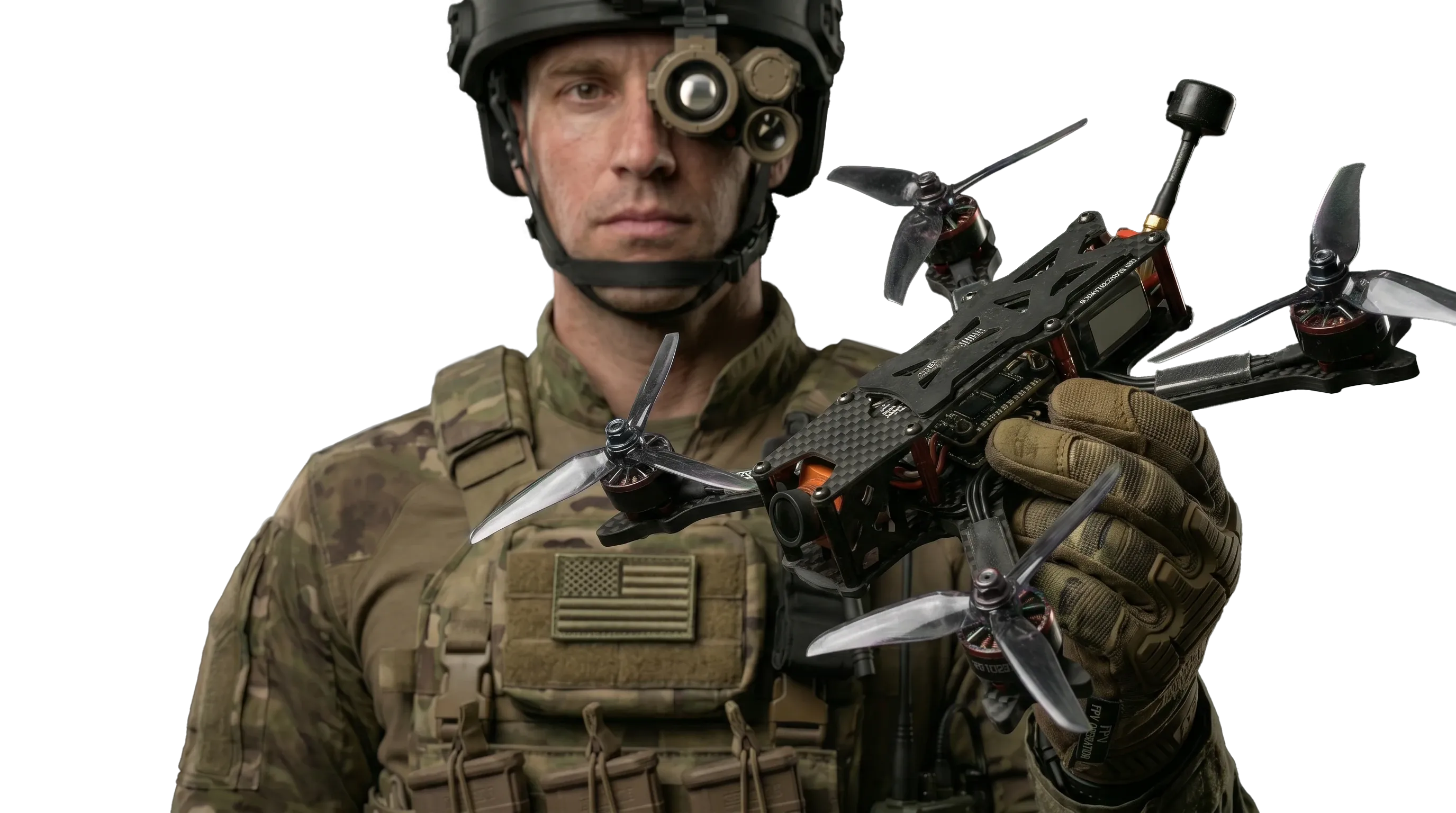 Operator with FPV drone controller and gloved hand, AAD hero imagery